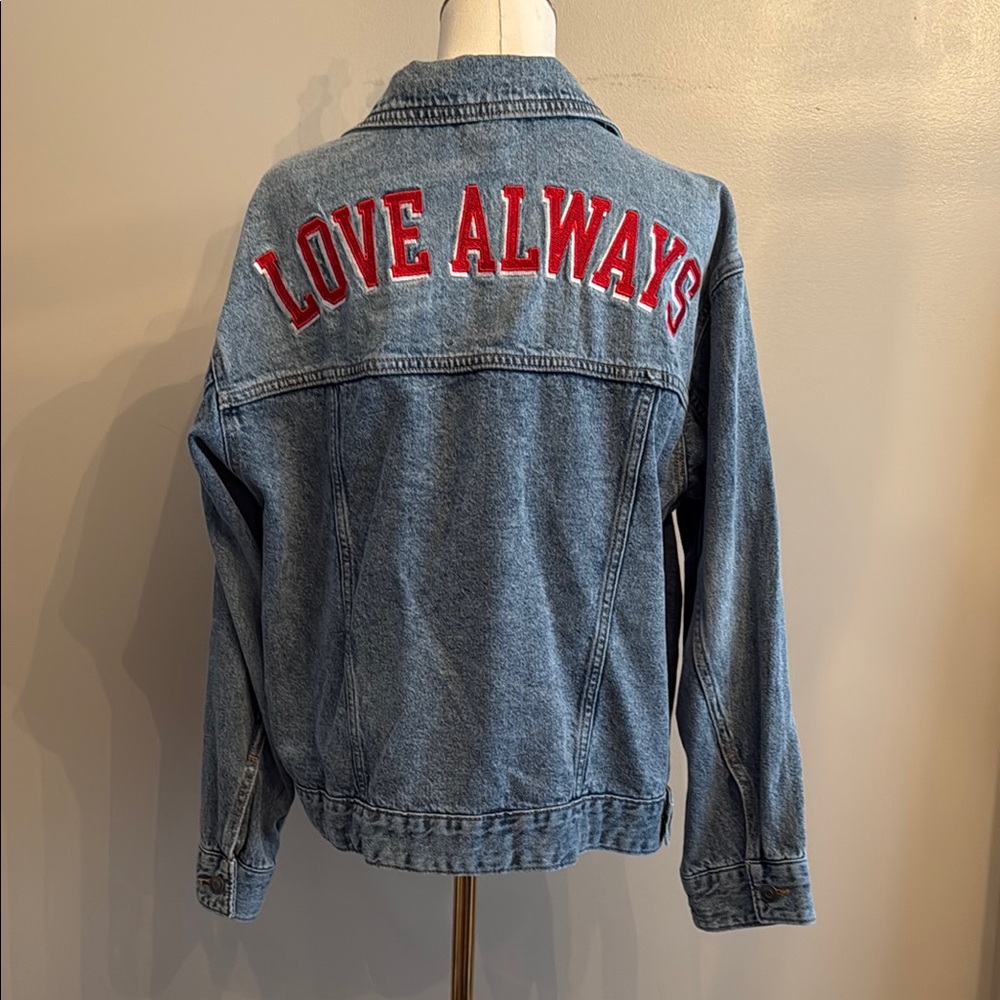 a new day Blue Denim Jacket with Red Lettering